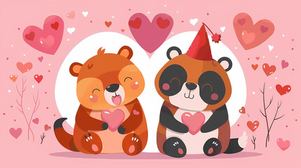 Wall Mural - Funny Animal in Love Feel Passion at Valentine Day ,A set of cute cartoon animals. Vector flat images of animals for postcards, invitations, textiles, thermal printing