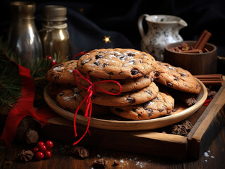 Wall Mural - Attractive Top view christmas cookies with wooden background