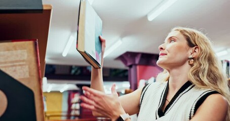 Poster - Girl, research and choice of book in library, studying and knowledge for assignment, college and goal. Store, discount and learning for writing project, university student and information for reading