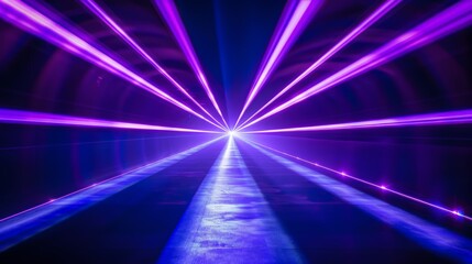 Wall Mural - Blue and violet laser beams illuminate the black background, forming a striking and vivid light display. The beams' brilliance and the stark contrast with the dark backdrop create a captivating