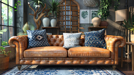 Canvas Print - Eclectic living room with a vintage chesterfield sofa and mismatched patterned pillows.