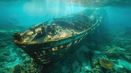 Wall Mural - The fragmented remains of a ship, scattered across a coral reef..illustration graphic