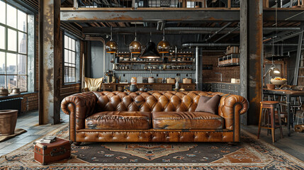 Canvas Print - Industrial loft living room with a leather sofa and a worn leather throw pillow.
