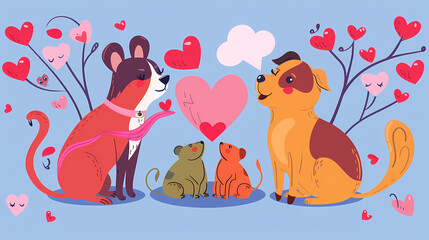 Wall Mural - Funny Animal in Love Feel Passion at Valentine Day ,A set of cute cartoon animals. Vector flat images of animals for postcards, invitations, textiles, thermal printing