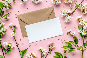 Wall Mural - Wedding invitation or greeting card mockup with flowers on a pink background