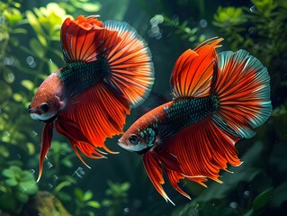 Wall Mural - Two Majestic Siamese Fighting Fish Showcasing Their Vibrant Fins in an Intense Territorial Dispute