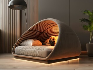 A dog bed with a cooling system, 3D render, luxurious materials, ergonomic design