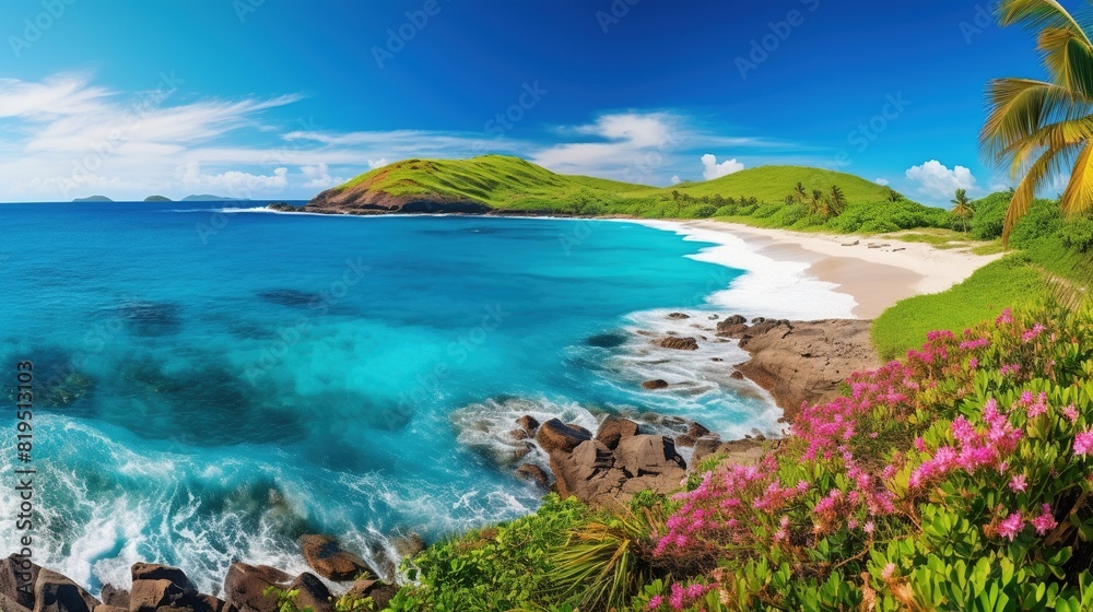 Vibrant beach scene with blooming flowers and fresh grass. Stunning beach landscape featuring flowers and greenery.