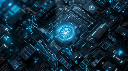 Poster - futuristic digital technology background, modern internet cyber tech wallpaper, glowing circuit lines on motherboard 