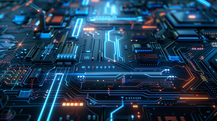 Poster - futuristic digital technology background, modern internet cyber tech wallpaper, glowing circuit lines on motherboard 