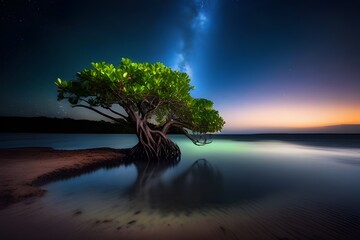 Wall Mural - landscape with milky way galaxy. night sky with stars and silhouette mangrove tree in sea. long expo