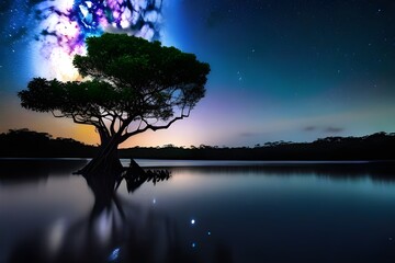Wall Mural - landscape with milky way galaxy. night sky with stars and silhouette mangrove tree in sea. long expo