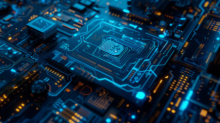 Poster - futuristic digital technology background, modern internet cyber tech wallpaper, glowing circuit lines on motherboard 