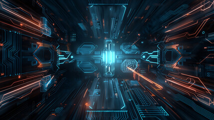 Poster - futuristic digital technology background, modern internet cyber tech wallpaper, glowing circuit lines on motherboard 