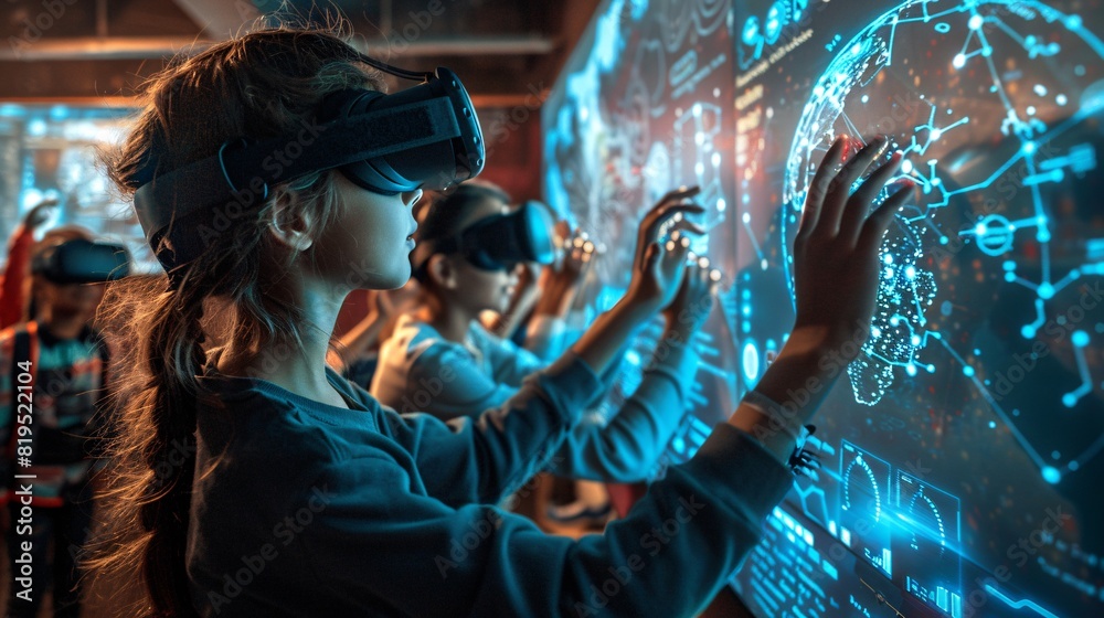 Students in a futuristic classroom using holographic displays and ...
