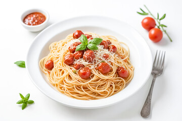 Wall Mural - Delicious Spaghetti with Cherry Tomatoes and Basil
