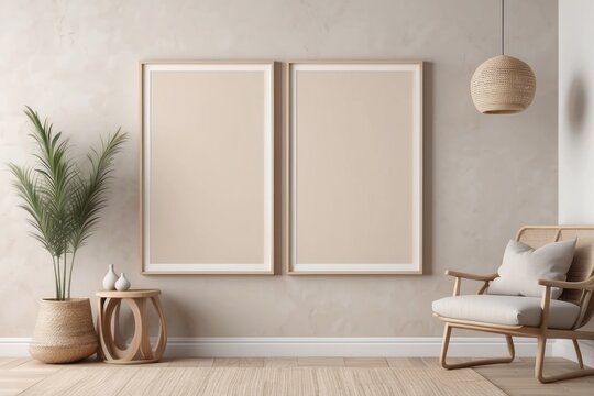 Wall mockup in interior background, room in beige colors, Scandi style, blank poster frame