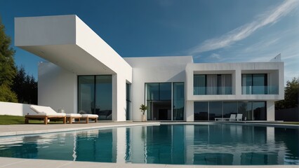 Wall Mural - Architecture modern white house with swimming pool, 3D building design illustration