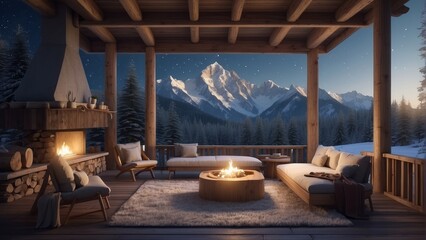 Wall Mural - Architecture modern house in cool winter night, 3D building design illustration