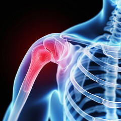 3D medical illustration highlighting a human shoulder with bones visible, specifically focusing on the skeletal structure of the shoulder joint and surrounding area.