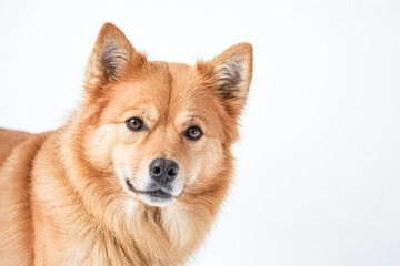 Wall Mural - Close Up Portrait of a Red Fox Dog with Furry Ears and a White Background