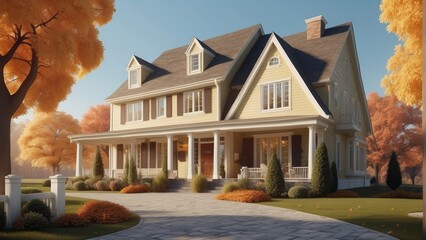 Wall Mural - Architecture cozy classic house in colonial style on sunny autumn day, 3D building design illustration