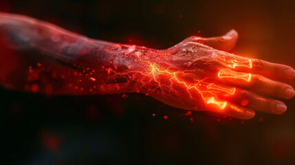 Wall Mural - A graphic representation of a human arm with radiant energy lines and glowing particles, suggesting a concept of power, biotechnology, or augmented reality.