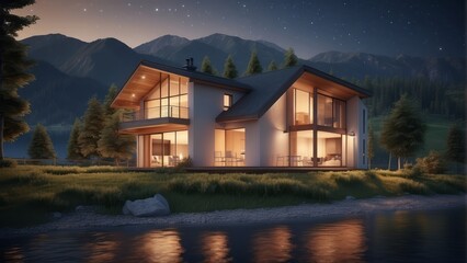 Wall Mural - Architecture modern cozy house with river on summer night, 3D building design illustration