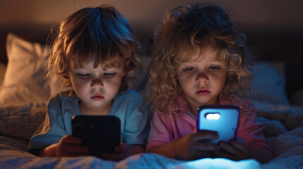 two young children engrossed in their smartphones in a dark room, with the devices casting a glow on