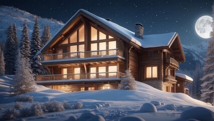 Wall Mural - Architecture modern cozy house in chalet style with white snow on winter night, 3D building design illustration