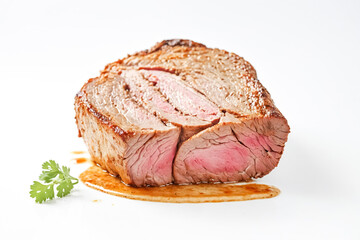 Canvas Print - Sliced grilled steak with sauce and parsley