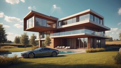 Wall Mural - Architecture modern house with sunny summer day, 3D building design illustration