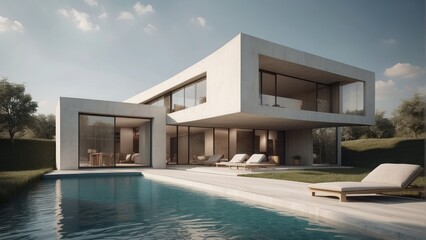 Wall Mural - Architecture modern house with swimming pool, 3D building design illustration