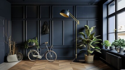 Wall Mural - beautiful black interior room with green plant in vase with black mockup wall decorated room with burning lamp 