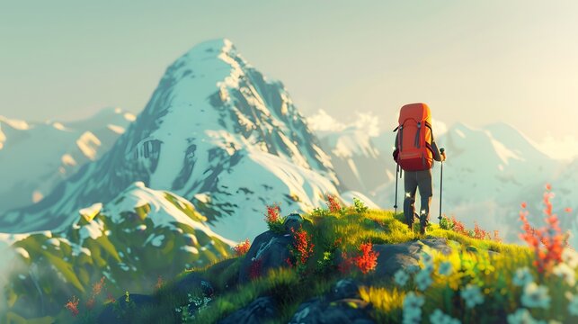 Isometric 3D render of a person using a designer backpack, hiking up a mountain trail with scenic nature and a clear sky in the background