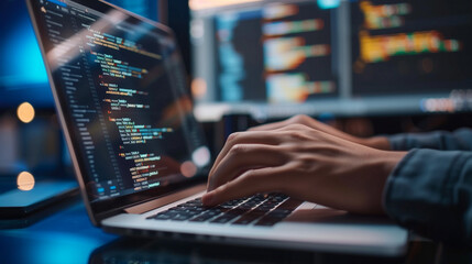Poster - software development featuring software engineer using laptop, modern digital internet technology, an IT developer writing a program code, typing hands 