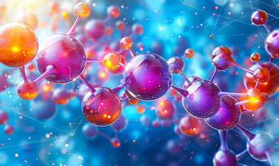 Poster - Dynamic Molecular Structure - 3D Rendering of Vibrant Atoms and Particles on Futuristic Energy Background