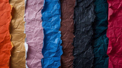 Wall Mural - A row of crumpled, torn paper strips in various colors, including orange, beige, pink, blue, brown, black, teal, and red, arranged vertically.