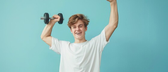 Happy young man lifting dumbbell while smiling with raised arms against a blue background, showcasing strength and happiness.