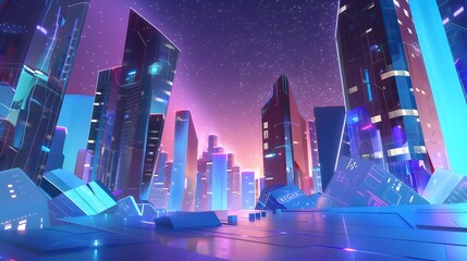 Wall Mural - Vibrant Futuristic Cityscape with Glowing Skyscrapers and Neon Lights in a Sci-Fi Landscape