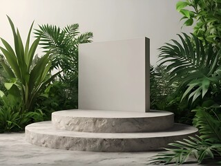 Podium background product green nature 3D forest stand white plant. Cosmetic background product podium display wood jungle studio garden beauty platform presentation mockup pedestal stone tropical