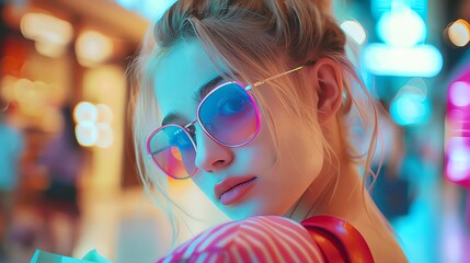 Close up of a young blonde woman in colorful glasses holding a shopping bag at the mall, taken with a sony alpha camera, with a depth blur effect, in the style of fashion photography, with high resolu