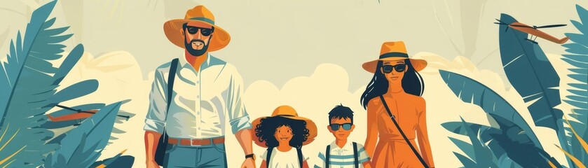 Wall Mural - Minimalist travel illustration showing diverse family on vacation, with a limited color palette