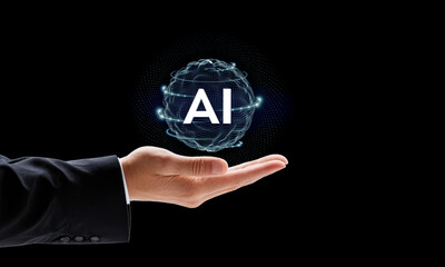 Poster - Businessman holding AI icon. Business strategy and smart intelligence, digital marketing, Technology and global business, Artificial Intelligence