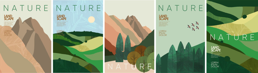 Abstract nature and landscape. Vector stylized minimalistic modern illustration of landscape, nature, tree, field, hill, village for poster, background and pattern