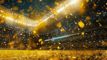 Wall Mural - A soccer championship win in the evening stadium arena! Tinsel and confetti. Toning in yellow.