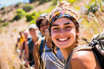 A happy group of friends hiking on a sunny day, enjoying nature and the adventure together. They are smiling and having a good time on a scenic trail.