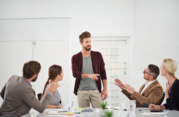 Poster - Business team, discussion and meeting in office for strategy for project management, information and client feedback. Conversation, boardroom and creative ideas for collaboration on company task.