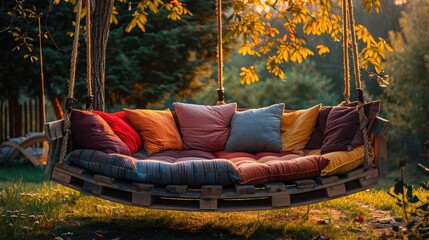 A large, round garden swing made of wooden pallets with colorful cushions hanging from the top on two ropes in front of an open lawn. The photo was taken at sunset and shows the whole sofa