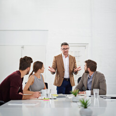 Aufkleber - Business people, teamwork and meeting in boardroom for strategy for project management, information and client feedback. Discussion, conversation and creative ideas for collaboration on company task.